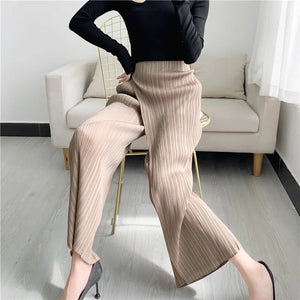 Pleats Women Pleated Solid Color Ankle-length Pants Elastic Waist Wide Leg Straight Female Trsouser Loose 2024 Summer Clothing