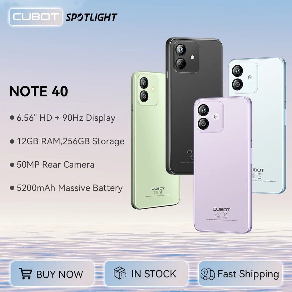 [World Premiere]Cubot Note 40 Smartphone 12GB(6GB+6GB)+256GB 50MP Main Camera 6.56" HD 90Hz Display 5200mAh Battery Face ID GPS