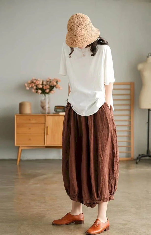 Cotton Linen Lantern Pants Women Summer Elastic Waist Loose Casual Women Korean Style Harajuku Vintage Trousers Women Clothing