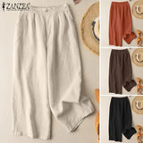 ZANZEA Summer Wide Leg Trousers Women Elastic Waist Solid Loose Pants Casual Vintage Cotton Pantalon Oversize Harem Palazzo 2023