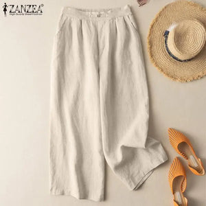 ZANZEA Solid Pure Cotton Pants Women Fashion Vintage Long Trousers Summer Casual Wide Leg Pant Female High Waist Pantalon 2023