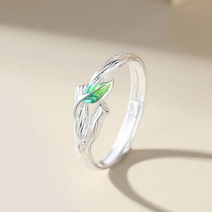 Sweet Simple Green Leaves Young Couple Ring For Women Lover Silver Color Open Resizable Rings Romantic Wedding Jewelry