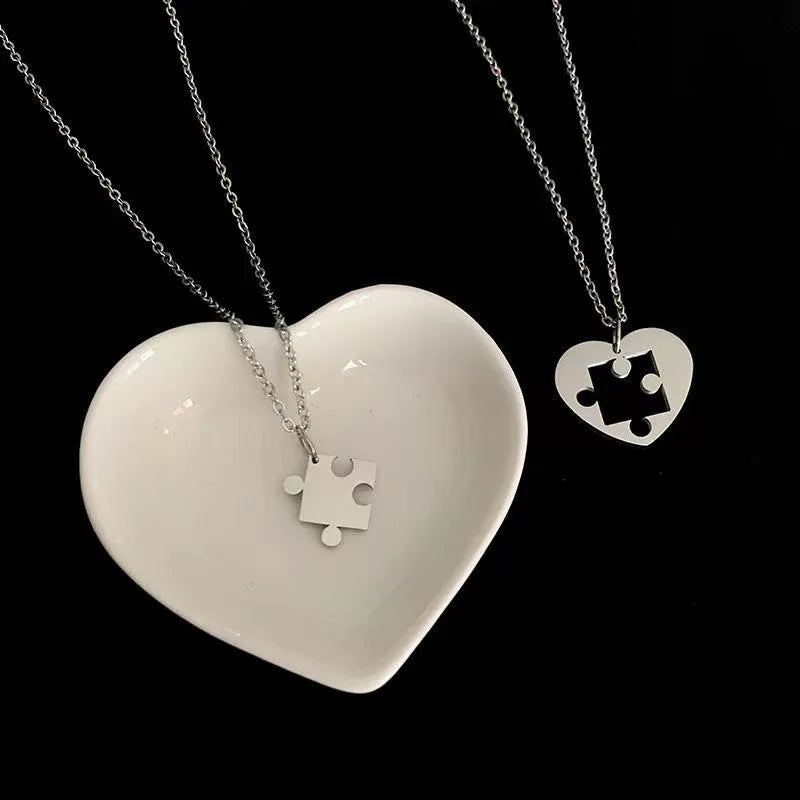 Puzzle Heart Matching Pendant Couple Paired Necklace for Lovers Best Friends Women Men Hip Hop Sweater Chain Trendy Collar