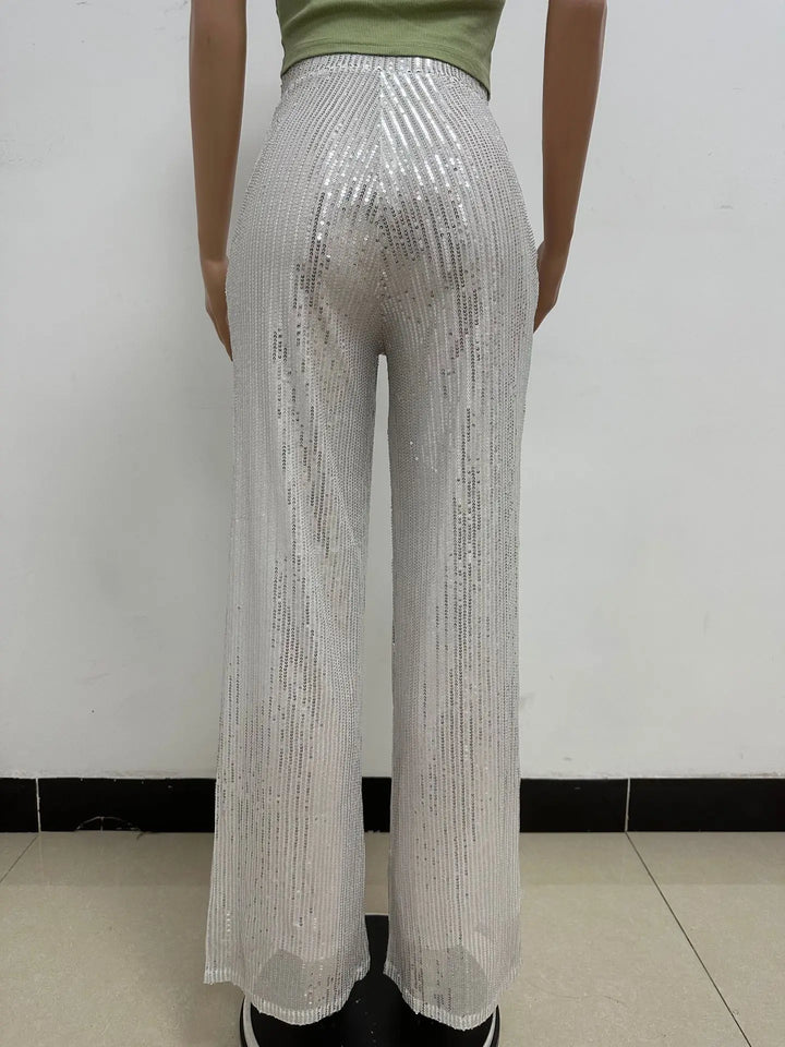 High Waisted Glitter Pants for Women 2023 Spring Summer Clothing Sparkly Sequin Loose Wide Leg Trousers Party Clubwear