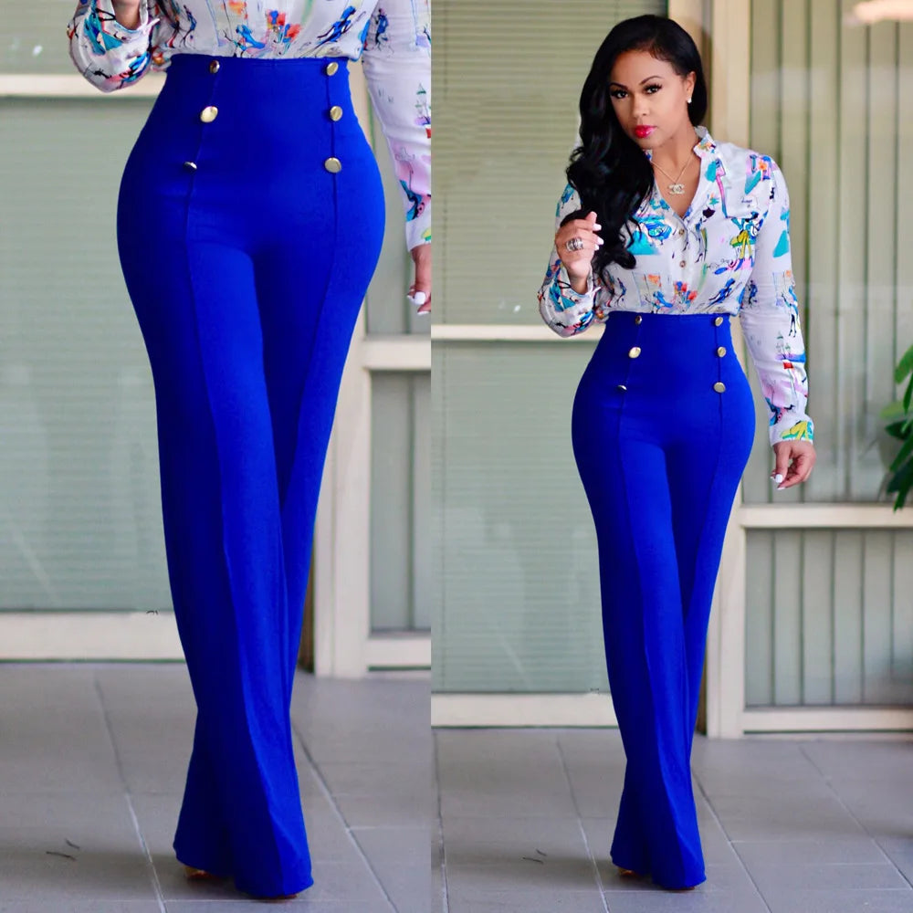 casual high waist long pants women office lady slim shirts & blouses wild pantalones clothing elegant Button straight leg pants