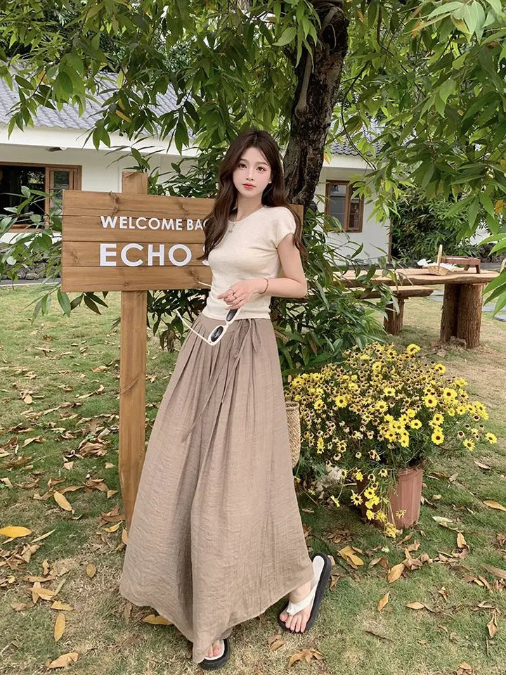 Women Elegant All-match Solid Color Wide Leg Pants Summer Simplicity Elastic High Waist Casual Lace Up Trousers Female Clothing