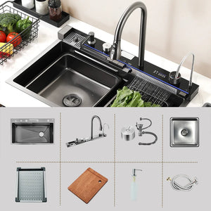 304 Stainless Steel Waterfall Kitchen Sink Large Single Slot Integrated Digital Display Faucet Set Soap Dispenser Cup Washer