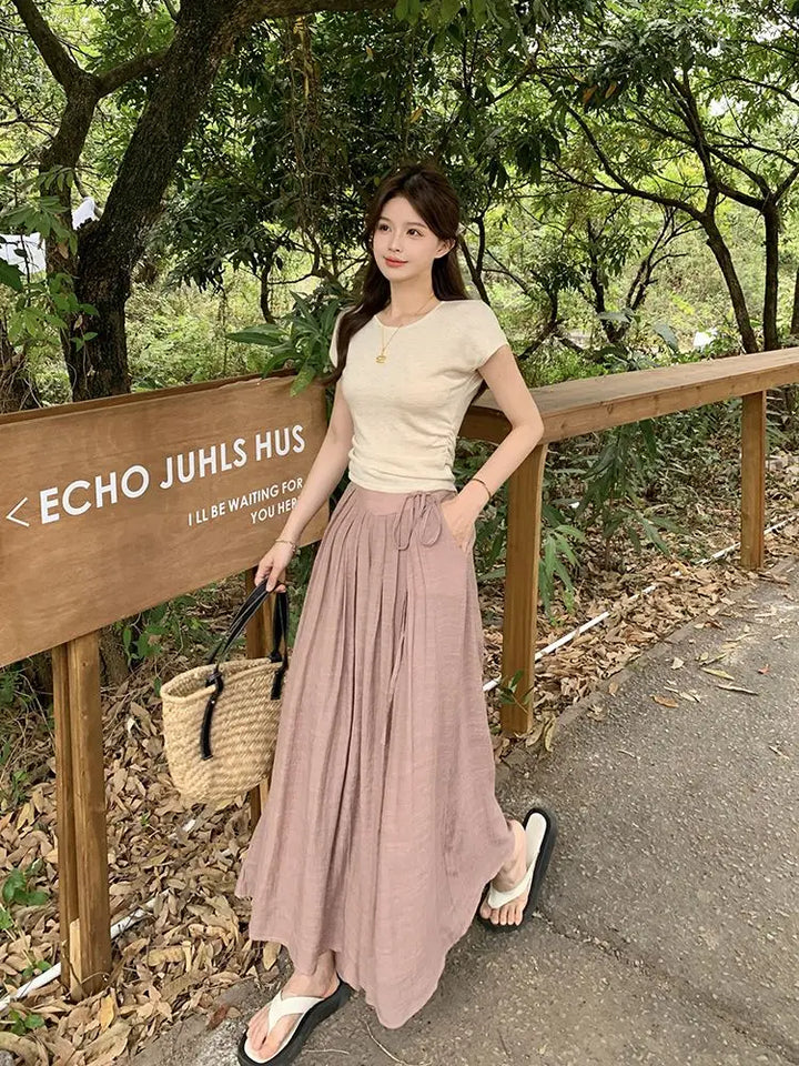 Women Elegant All-match Solid Color Wide Leg Pants Summer Simplicity Elastic High Waist Casual Lace Up Trousers Female Clothing