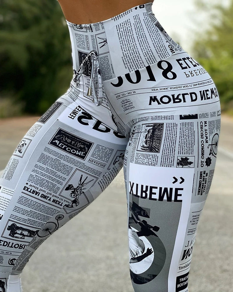 New Trend Women Newspaper Print Butt Lifting Pants Femme Anime High Waist Skinny Trousers Sporty Lady Clothing Clothing Traf