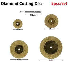 5 PCS Mini Diamond Cutting Disc & 3mm Shank Mandrel Set For Rotary Tools Accessories TiN Coated Circular Saw Blade