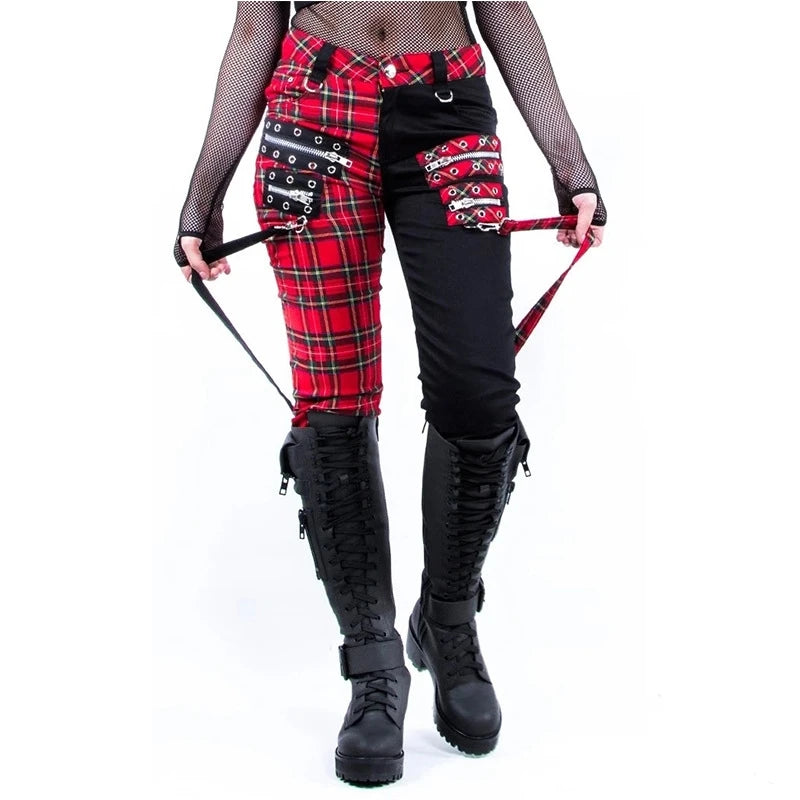 Women Pants Plaid Autumn Trousers  Personality Bandage Splice Casual Women's Print Large Size Pencil Clothing