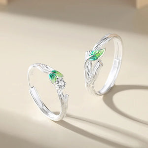 Sweet Simple Green Leaves Young Couple Ring For Women Lover Silver Color Open Resizable Rings Romantic Wedding Jewelry