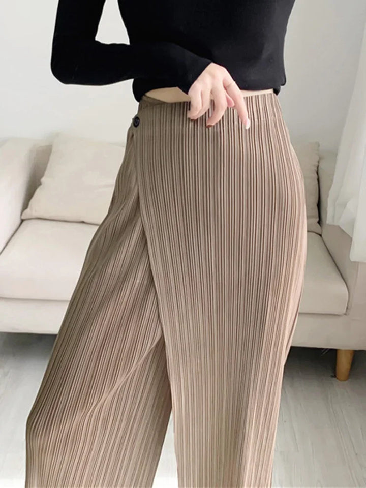 Pleats Women Pleated Solid Color Ankle-length Pants Elastic Waist Wide Leg Straight Female Trsouser Loose 2024 Summer Clothing