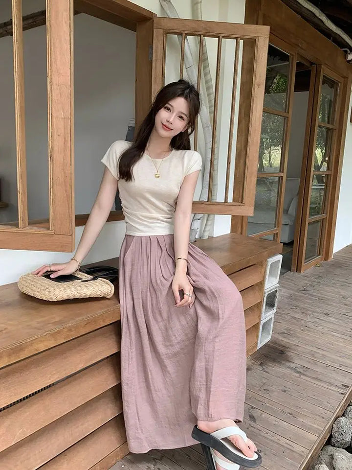 Women Elegant All-match Solid Color Wide Leg Pants Summer Simplicity Elastic High Waist Casual Lace Up Trousers Female Clothing