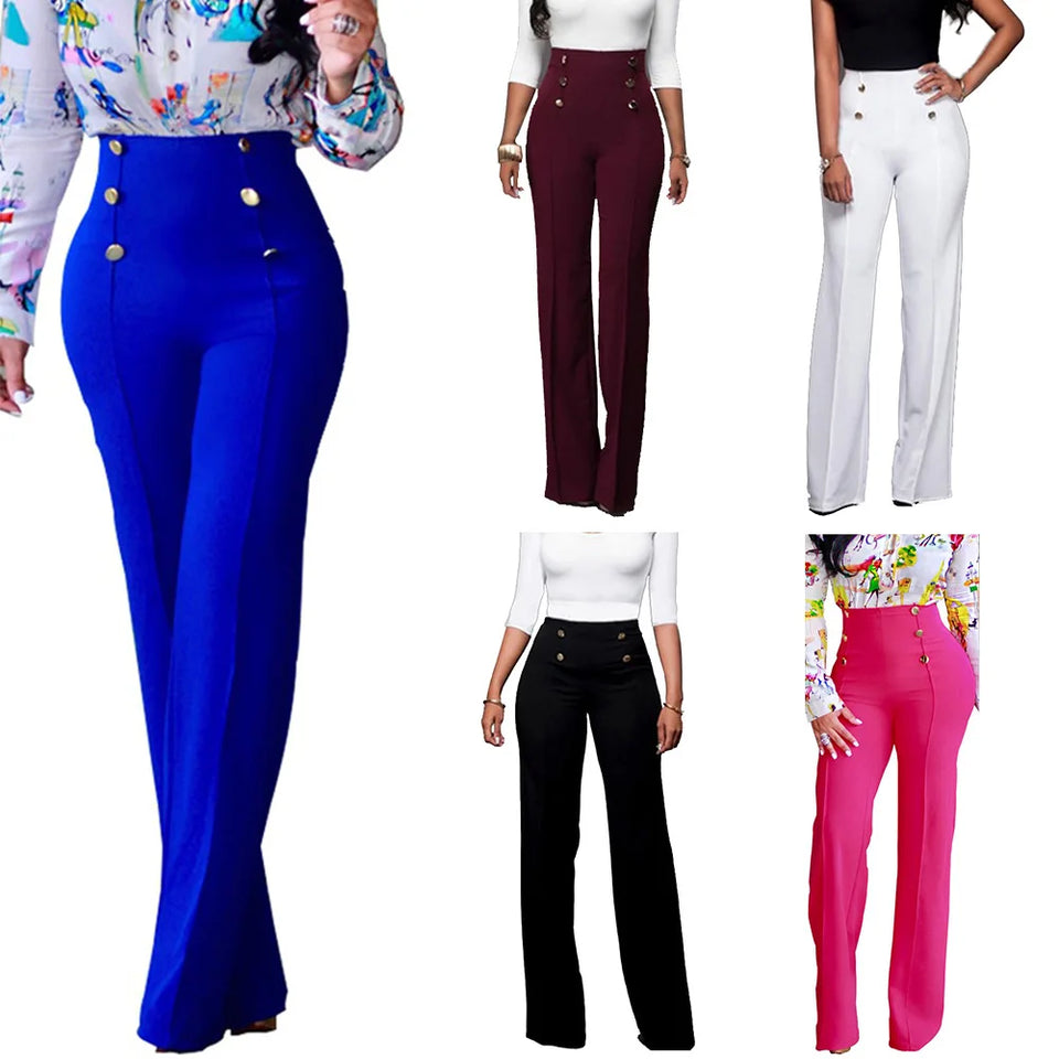 casual high waist long pants women office lady slim shirts & blouses wild pantalones clothing elegant Button straight leg pants