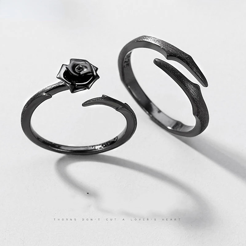 Fashion S925 sterling Silver Thorns Rose Simple Adjustable black Ring set for women and men couple Jewelry Valentine Day's gift