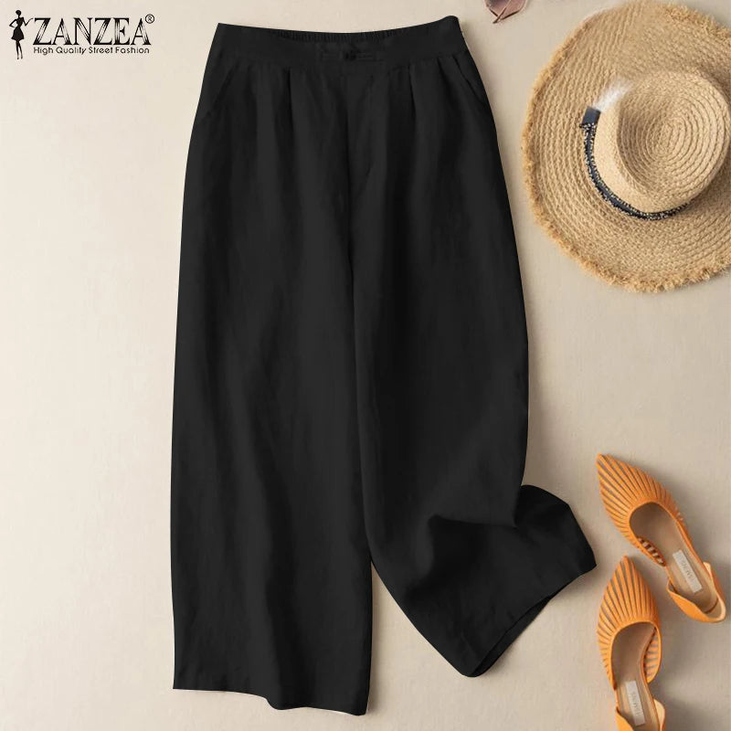 ZANZEA Solid Pure Cotton Pants Women Fashion Vintage Long Trousers Summer Casual Wide Leg Pant Female High Waist Pantalon 2023