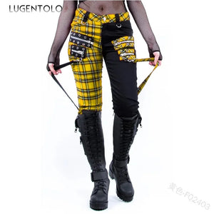 Women Pants Plaid Autumn Trousers  Personality Bandage Splice Casual Women's Print Large Size Pencil Clothing