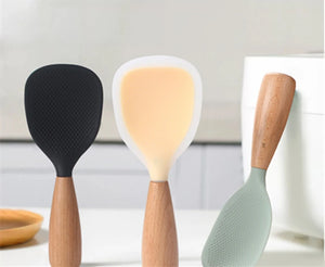 Creative Standing Silicone Rice Spoon Wooden Handle Non-stick Spatula Heat Resistant Rice Paddle Food Kitchen Cooking Tools