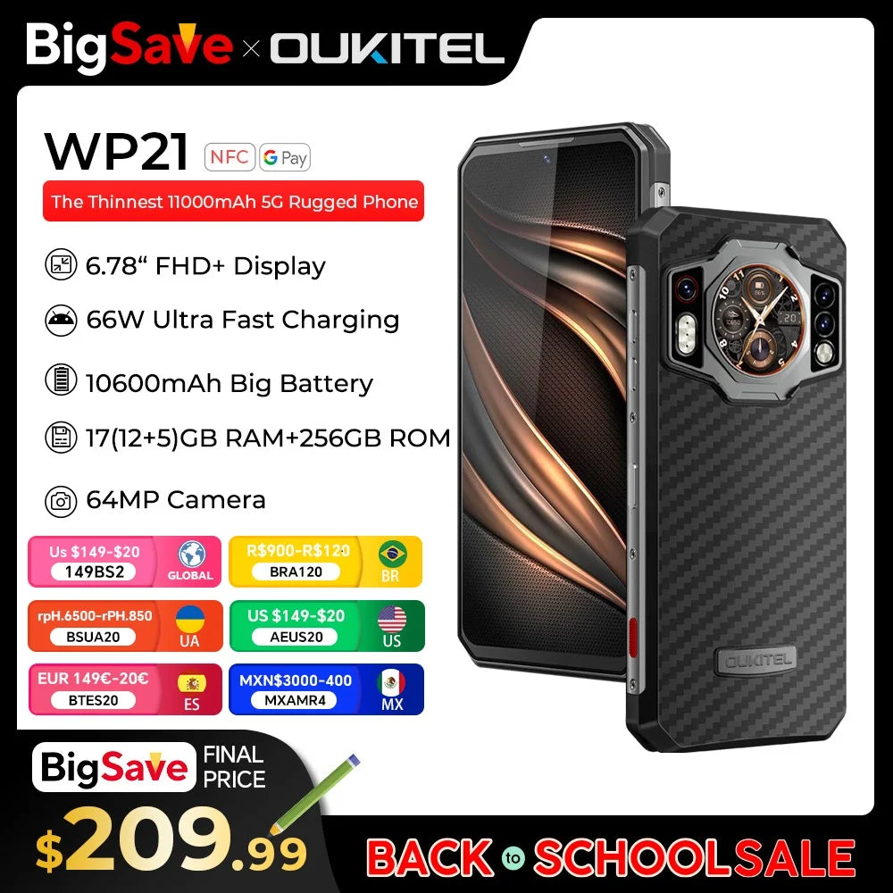 Oukitel WP21 Rugged Cell Phone Night Vision, 9800 mAh, Mobile phone 12GB+256GB, 64MP Camera, Smartphone 66W,120 Hz Helio G99