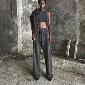 HOUZHOU Sweatpants Women Gray Loose Casual Wide Leg Pants Trousers Hollow Out Streetwear Vintage Female Clothing Sports Pants