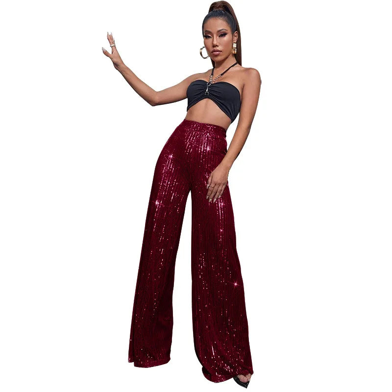 High Waisted Glitter Pants for Women 2023 Spring Summer Clothing Sparkly Sequin Loose Wide Leg Trousers Party Clubwear