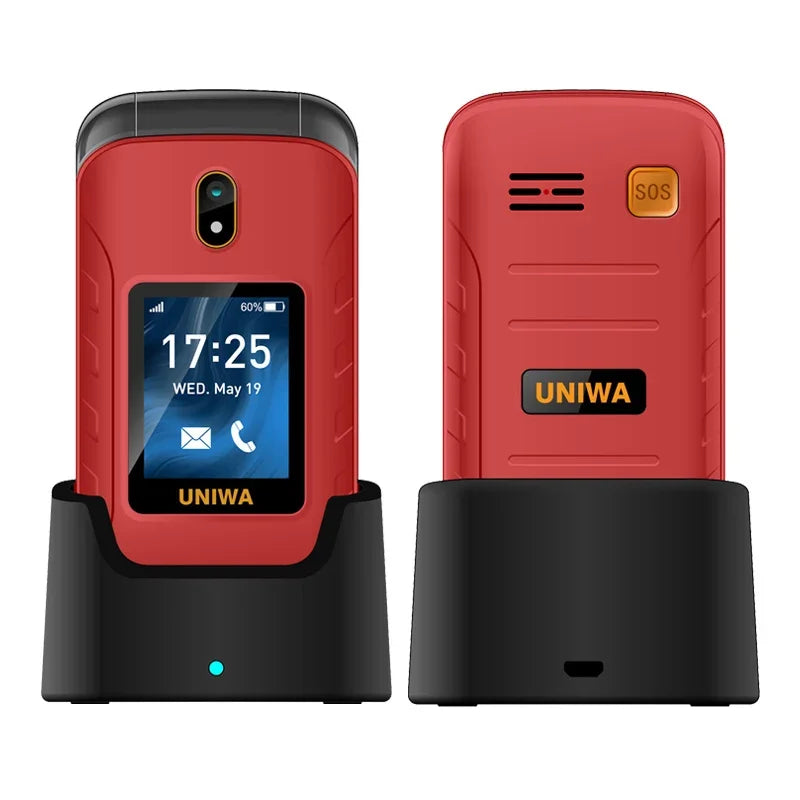 UNIWA V909T Big Push-Button 4G Flip Phone Dual Screen 0.3MP Camera FM Radio Russian Hebrew Keyboard 2250mAh Clamshell Cellphone