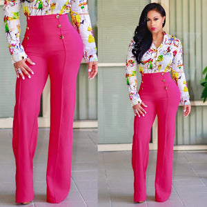 casual high waist long pants women office lady slim shirts & blouses wild pantalones clothing elegant Button straight leg pants