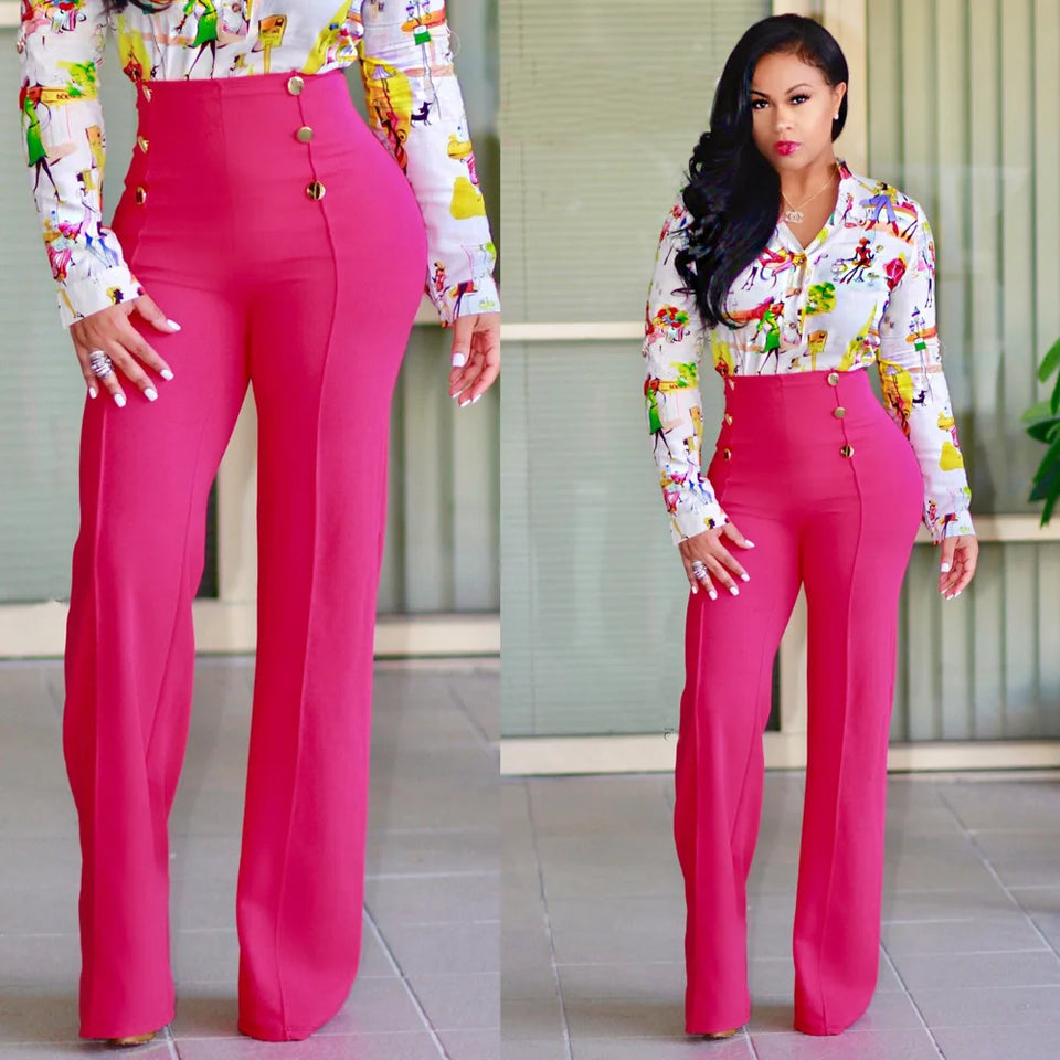 casual high waist long pants women office lady slim shirts & blouses wild pantalones clothing elegant Button straight leg pants