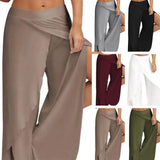 Elastic Waist Mid-Rise Fitness Trousers Solid Color Straight Yoga Pants Women Split Wide Leg Cropped Pants Female Clothing