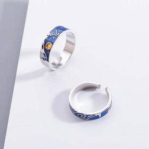 Anime 925 Sterling Silver Van Gogh Starry Sky Open Couple Ring New Fashion Ring Anime S925 Ring for Women Men Jewelry Gift