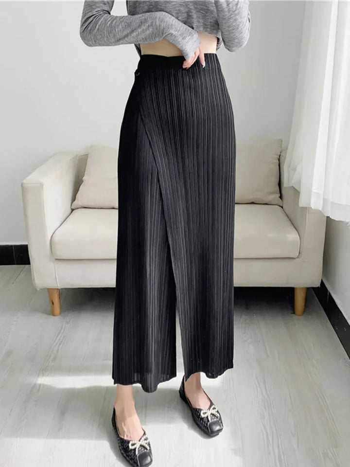 Pleats Women Pleated Solid Color Ankle-length Pants Elastic Waist Wide Leg Straight Female Trsouser Loose 2024 Summer Clothing