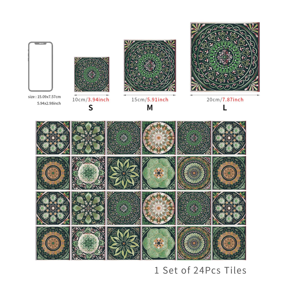 24 Pieces Retro Mandala Wall Stickers Kitchen Self-Adhesive Waterproof Tile Stickers Bathroom Decor Moroccan Pvc Decal Art Mural