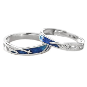 2Pcs Fashion Sea Blue Meteoric Star Couple Rings Set Promise Wedding Bands Kit Adjustable Open Rings for Him & Her