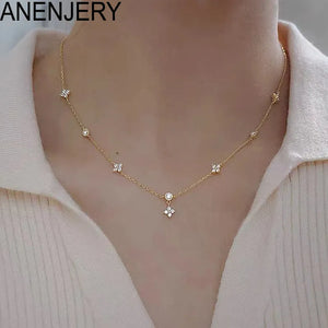 ANENJERY Zircon Four-leaf Flower Necklace