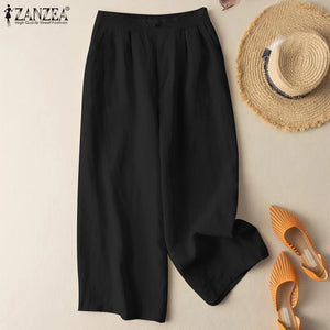 ZANZEA Summer Wide Leg Trousers Women Elastic Waist Solid Loose Pants Casual Vintage Cotton Pantalon Oversize Harem Palazzo 2023