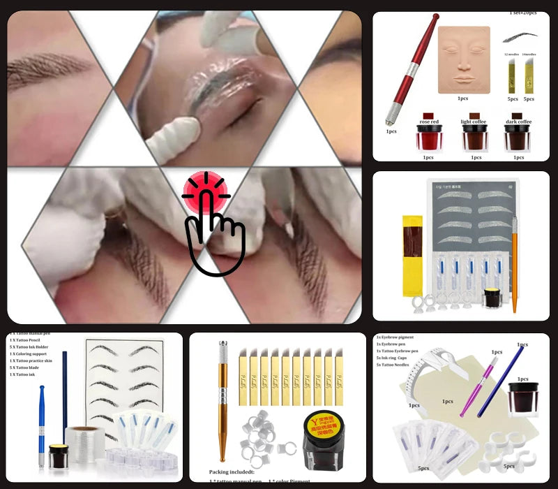 3D Eyebrow Tattoo Microblading Needle Blade Pen Pigment Practice Kit Tattoo Pigment Ring Permanent Makeup Eyebrow Tattoo Pen Set