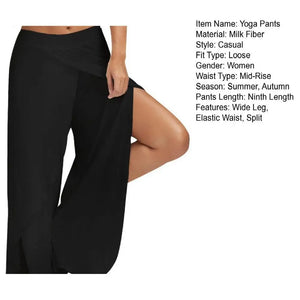 Elastic Waist Mid-Rise Fitness Trousers Solid Color Straight Yoga Pants Women Split Wide Leg Cropped Pants Female Clothing