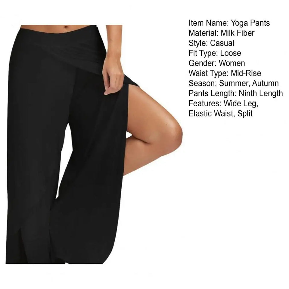 Elastic Waist Mid-Rise Fitness Trousers Solid Color Straight Yoga Pants Women Split Wide Leg Cropped Pants Female Clothing