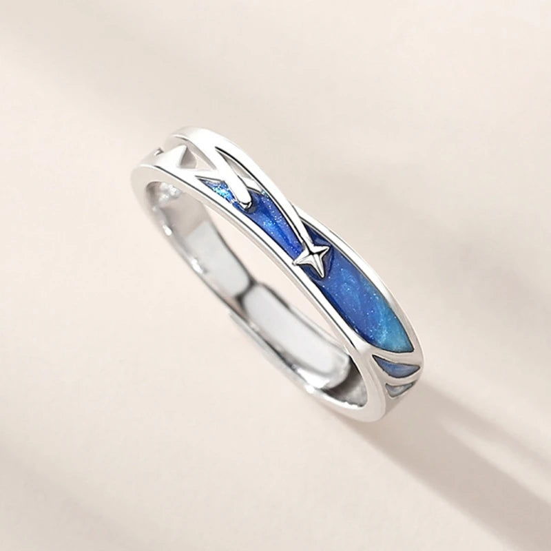 2Pcs Fashion Sea Blue Meteoric Star Couple Rings Set Promise Wedding Bands Kit Adjustable Open Rings for Him & Her