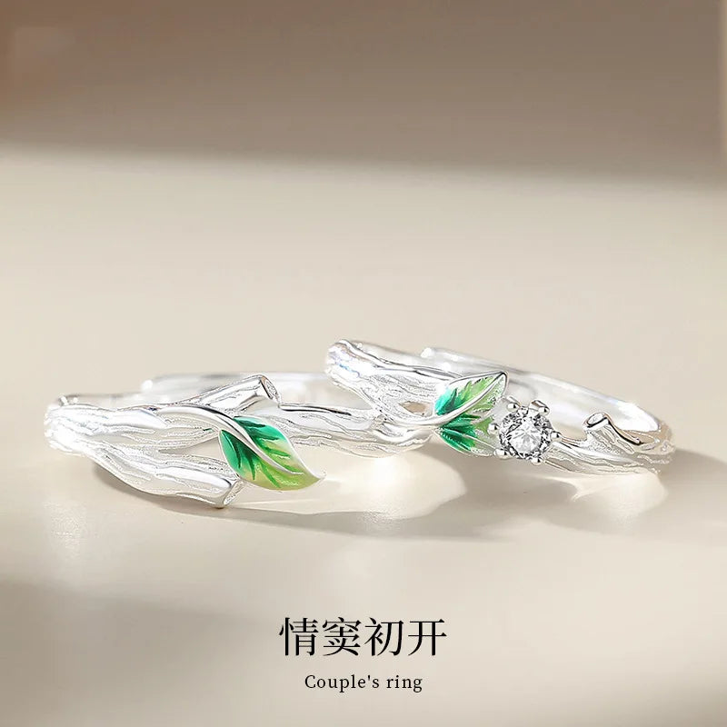 Sweet Simple Green Leaves Young Couple Ring For Women Lover Silver Color Open Resizable Rings Romantic Wedding Jewelry