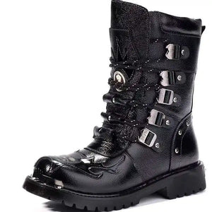 Women Men Boots Female Male Punk Metal Rock Black Chunky Heel Platform Pumps Ladies Motorcycle Mid-calf Round Toe Lace-up Shoes