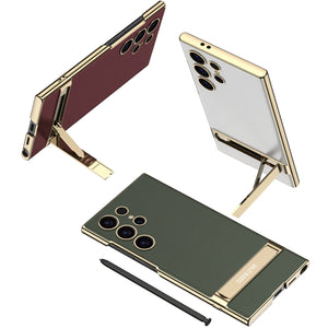 Luxury PU Leather Hard PC Electroplated Frame Phone Cover for Samsung Galaxy S24 Ultra S24 Plus Case with Bracket