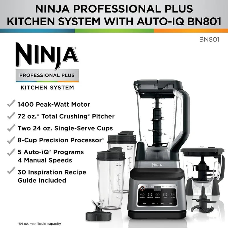 Ninja BN801 Professional Plus Kitchen System, 1400 WP, 5 Functions for Smoothies, Chopping, Dough & More with Auto IQ, 72-oz.